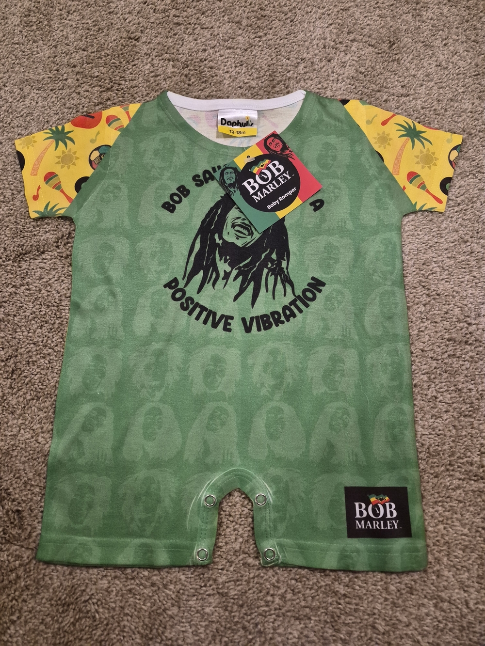 Bob Marley Kids 'Positive Vibration' Green & Yellow One-Piece Bodysuit